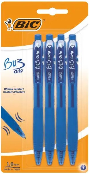 Bic Bu3 Grip 1.0mm Blue Retractable Ball Pen 4 Pack