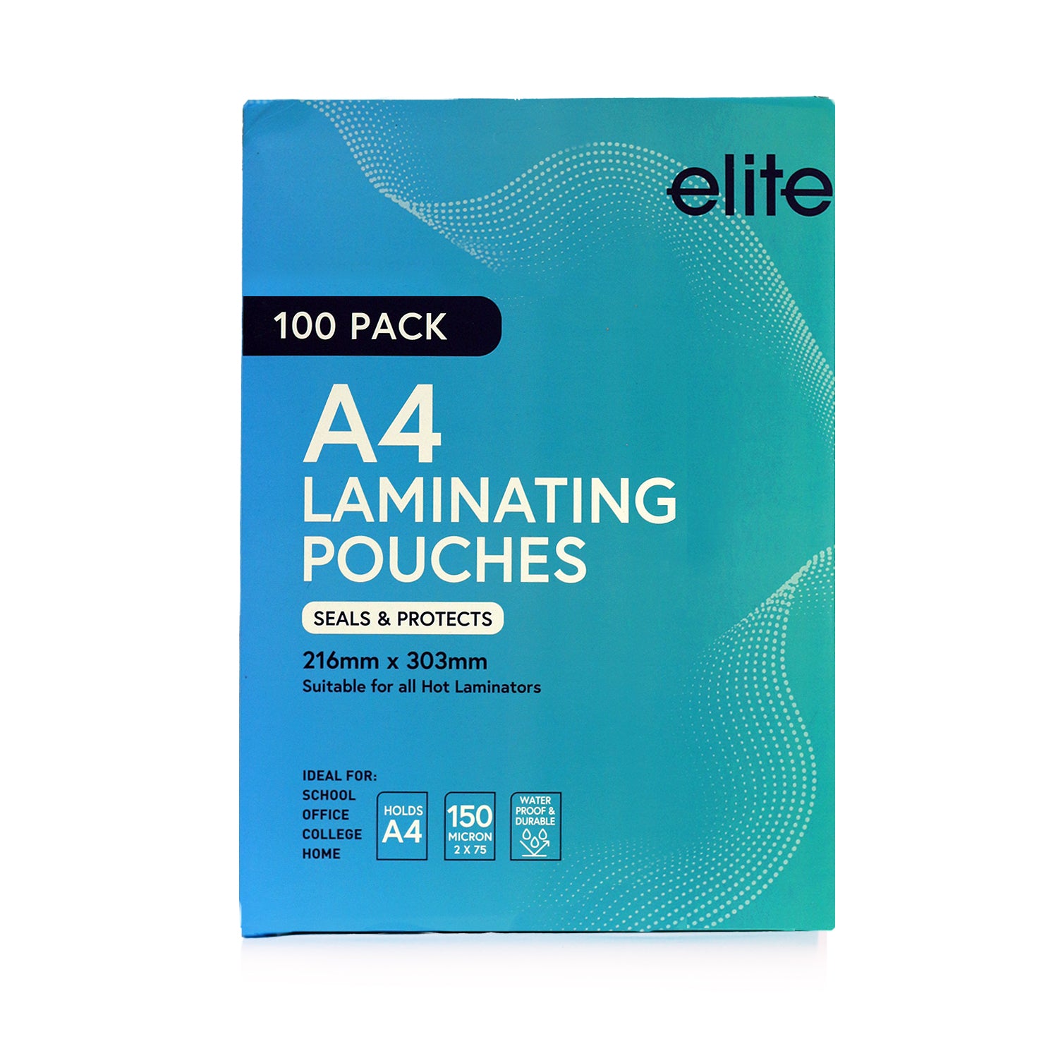 Box of A4 laminating pouches with 'elite' branding on a white background