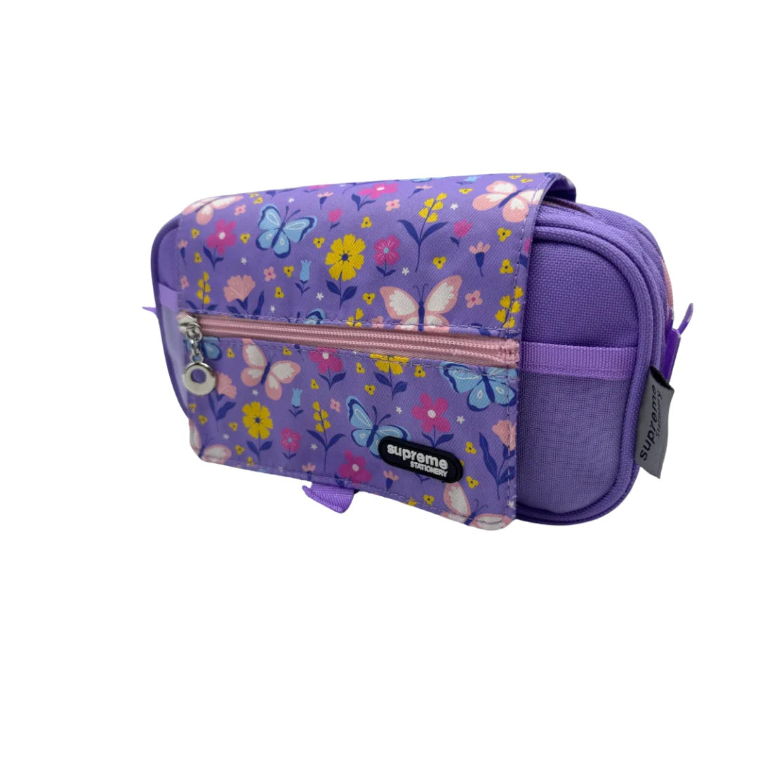 Pencil Case - Three Compartment with Butterfly and Floral Pattern Wrap