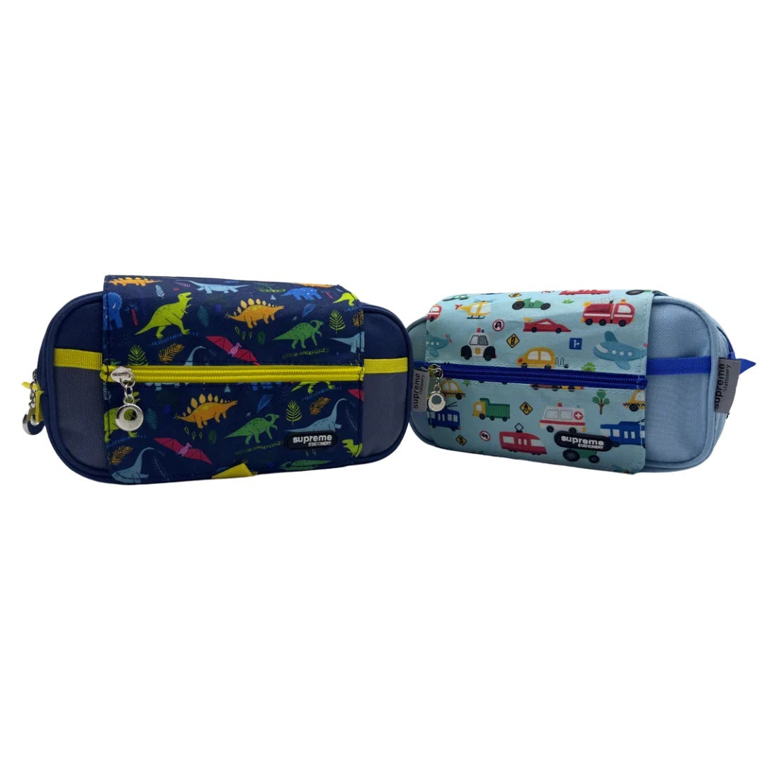 Pencil Case - Triple Zip with Dinosaur/Vehicle Pattern Wrap