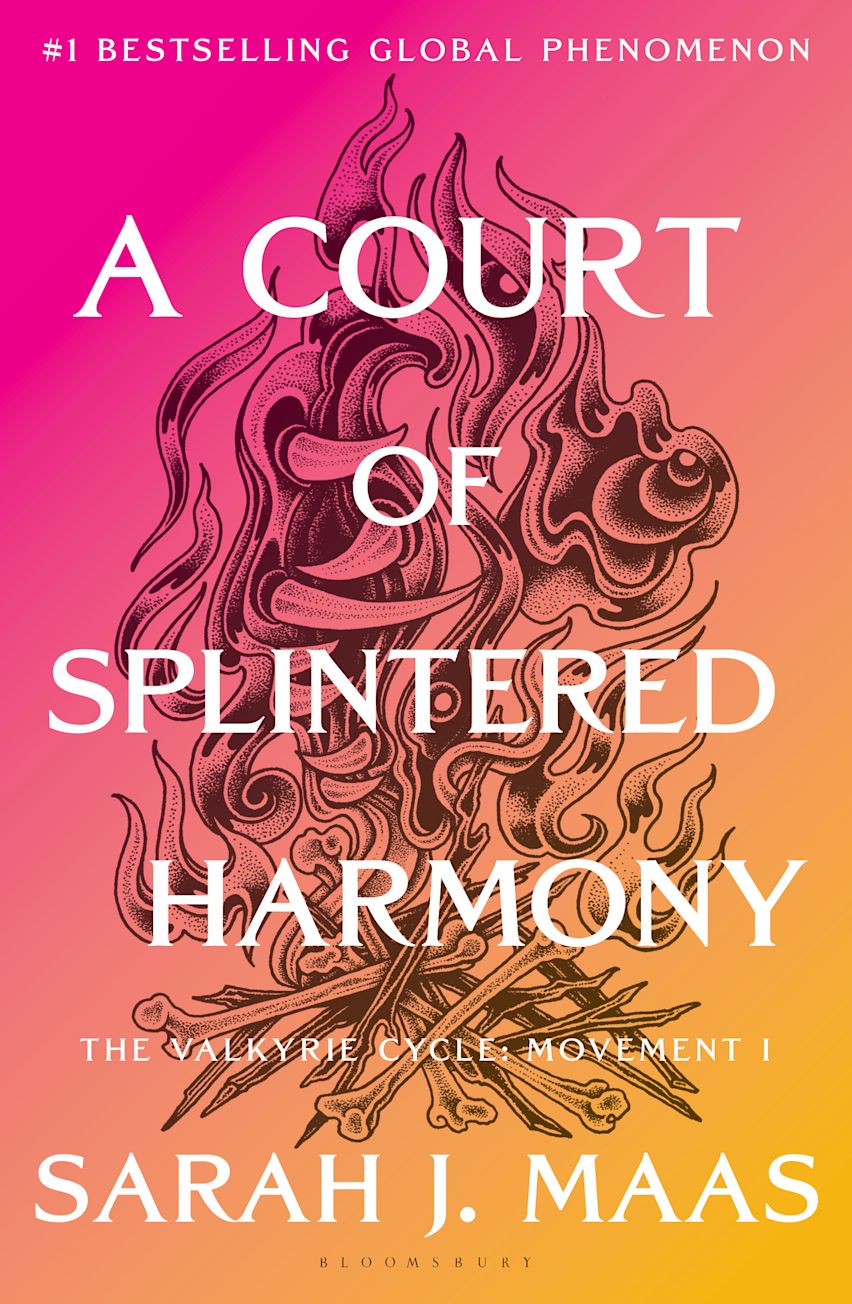 Book cover for 'A Court of Splintered Harmony' by Sarah J. Maas, featuring a pink-to-yellow gradient background with a central dark brown illustration and bold white text.